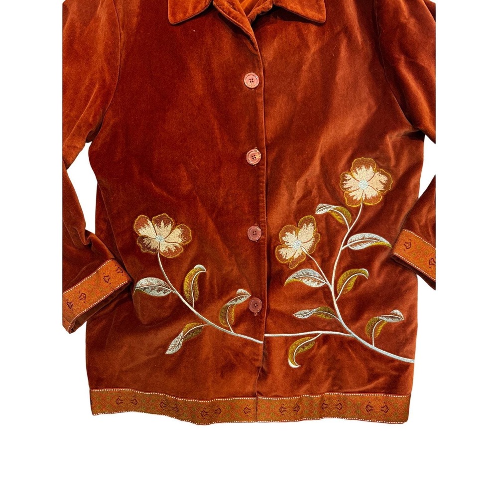 Jessica Holbrook Jacket Women Orange Velvet Floral Embroidered Button Up Size M - Picture 3 of 10